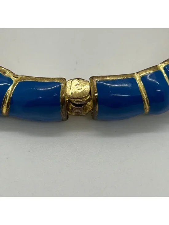 Vintage Enamel Gold-Tone Hinged Teal Blue Elephant Clamper Bangle Bracelet Rhine - Picture 11 of 11